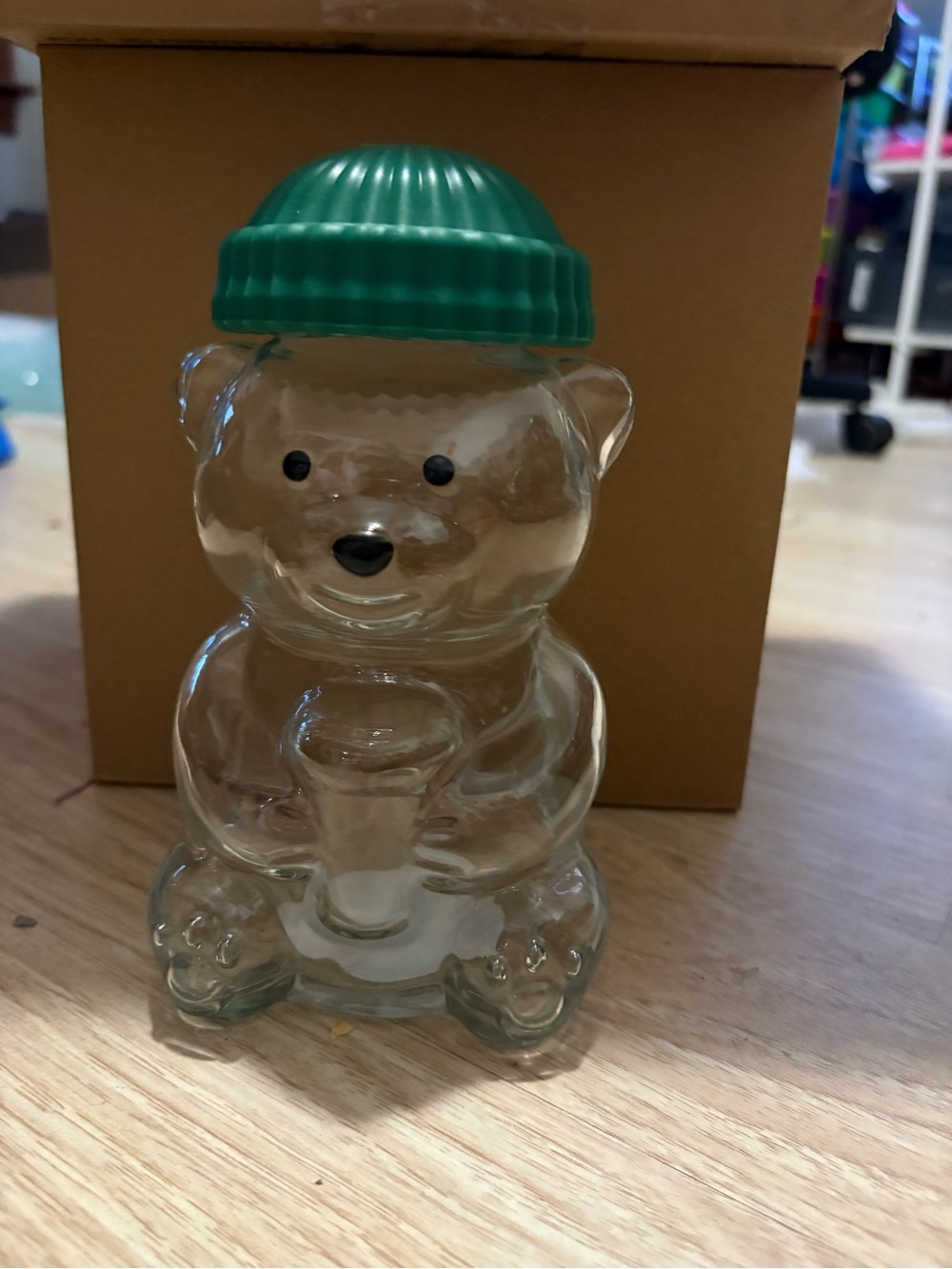 Clear Glass Bear Honey Jar with Green Lid